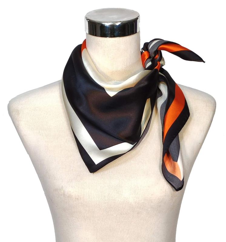 Foulard Shawl Silk Satin Geometric Orange Black Beige